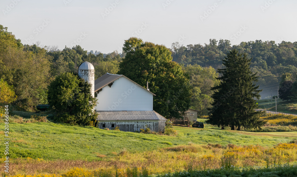 White barn and silo among trees on a hillside in the sun | Amish farm in Holmes County, Ohio White barn and silo among trees on a hillside in the sun | Amish farm in Holmes County, Ohio