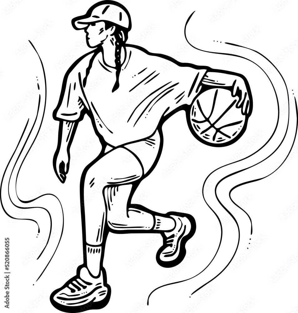 Fototapeta premium Basketball player playing with ball. Healthy funny sport activity. Trendy jumping fitness exercises for young people. Fashion sportswear. Hand drawn vector illustration. Cartoon line character drawing