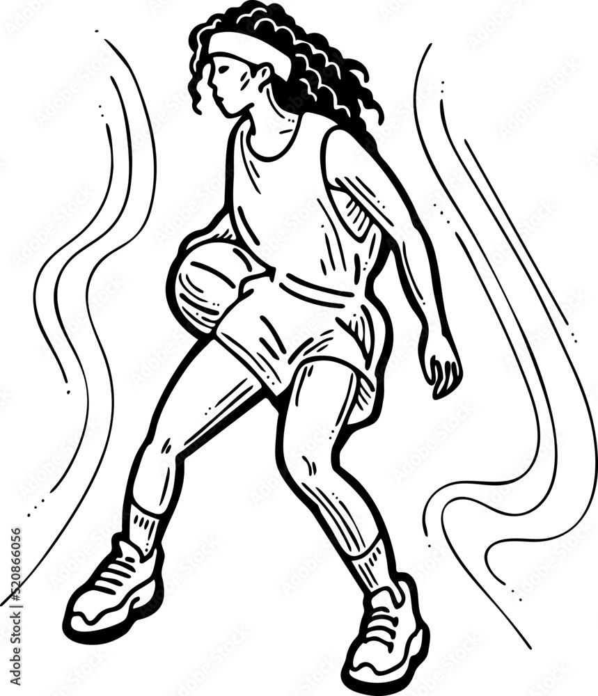 Fototapeta premium Basketball player playing with ball. Healthy funny sport activity. Trendy jumping fitness exercises for young people. Fashion sportswear. Hand drawn vector illustration. Cartoon line character drawing