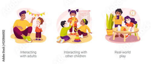Toddlers social and emotional skills isolated cartoon vector illustration set