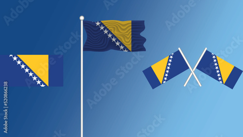 Waving Flag of on bosnia and herzegovina the blue gradient background with wind, crossed flags and detailed flag design vector and illustrator photo