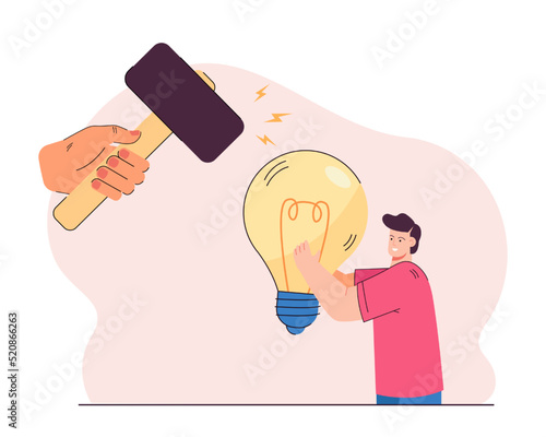 Huge hand with hammer breaking lightbulb. Failure to implement creative idea flat vector illustration. Solution, innovation, destruction concept for banner, website design or landing web page