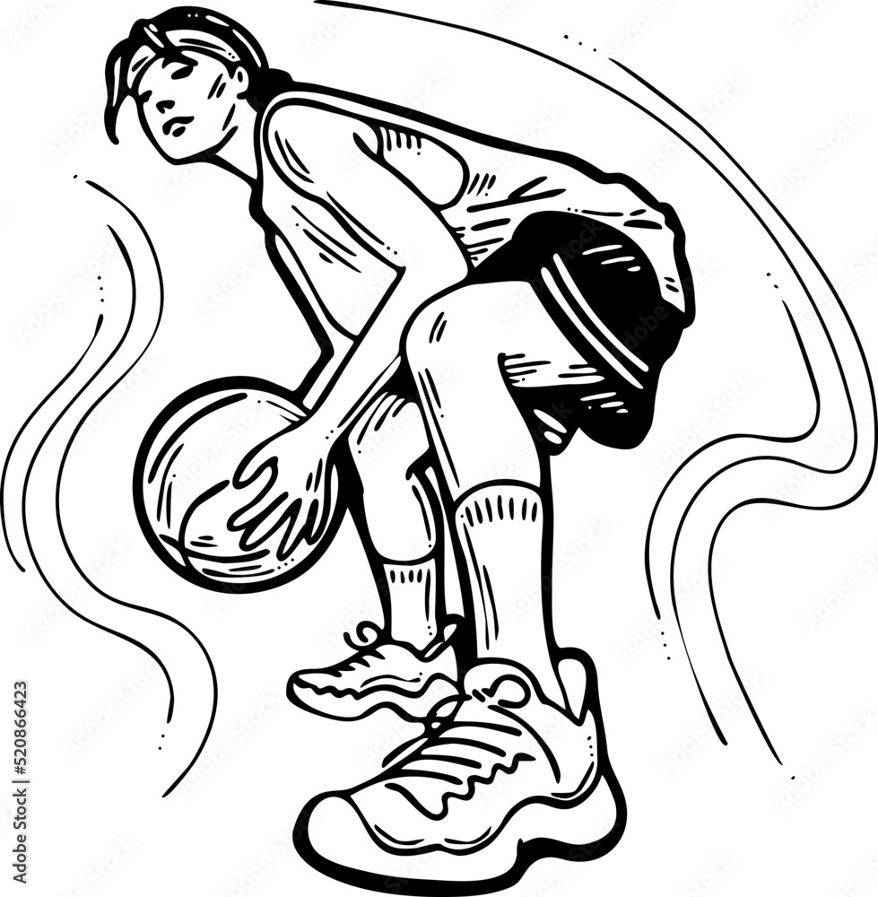 Fototapeta premium Basketball player playing with ball. Healthy funny sport activity. Trendy jumping fitness exercises for young people. Fashion sportswear. Hand drawn vector illustration. Cartoon line character drawing