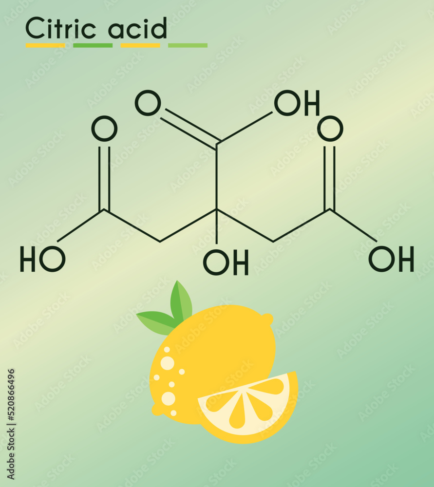 Citric acid molecule, is found in citrus fruits, lemons and limes