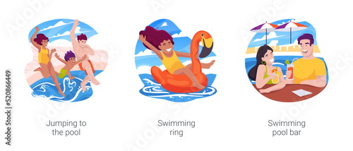 Resort swimming pool isolated cartoon vector illustration set