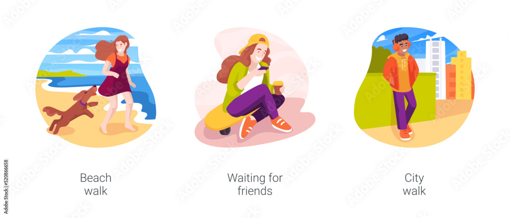 Spending time outdoors isolated cartoon vector illustration set