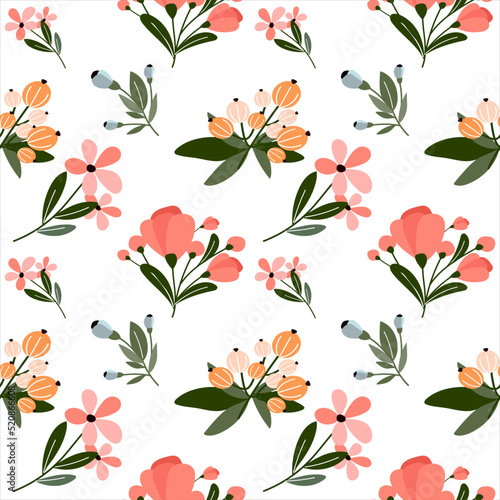 Seamless background spring flowers. Decorated with magnificent multi-colored blooming flowers and a border of leaves. Trendy floral design for fashion  wallpaper  print.