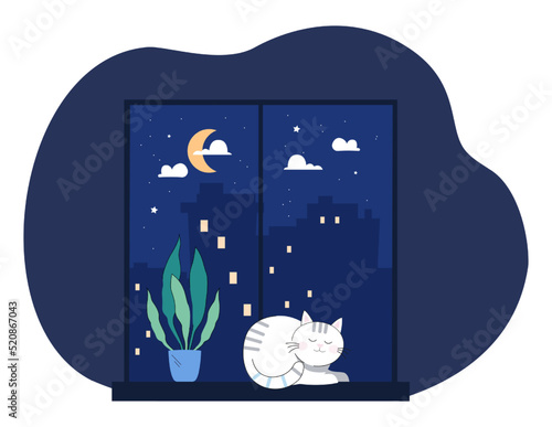 Pretty cat sleeping on windowsill at night. Night sky with stars and moon and cute pet on window flat vector illustration. Dream, relax concept for banner, website design or landing web page