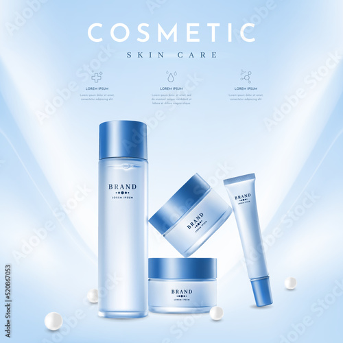 Blue Cosmetic Set Ads with Pearls on Light Blue Background