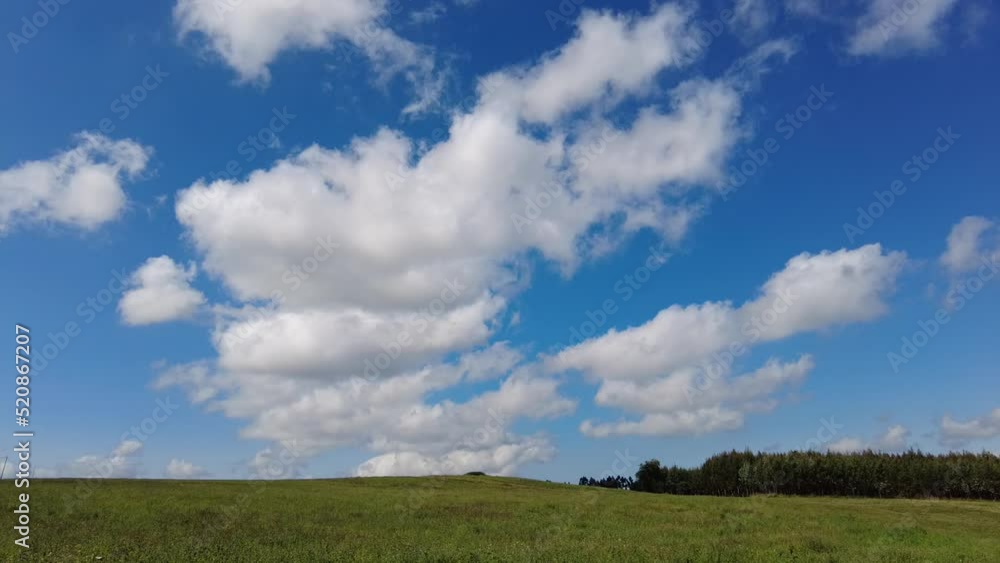 Time-lapse blue sky, billowing white clouds, beautiful sunny day, green forest. Rainy Clouds Over Rural Landscape With Young. Stock Video Time-lapse blue sky, billowing white clouds, beautiful sunny day, green forest. Rainy Clouds Over Rural Landscape With Young. Stock Video