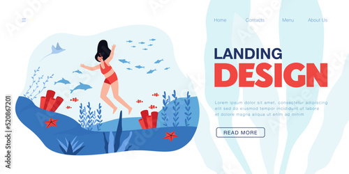 Girl in swimsuit jumping into sea flat vector illustration. Young woman in snorkel and mask diving alone, watching reef and marine animals. Ocean, underwater concept