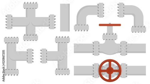 Collection of metal pipes. Steel pipelines, plastic tubes, valves and flanges, water drains. Connection system concept. Vector illustration.
