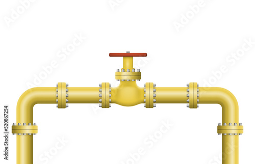 Oil, gas or water flowing through pipe. Pipeline construction with valve isolated. Industrial system. Vector illustration.