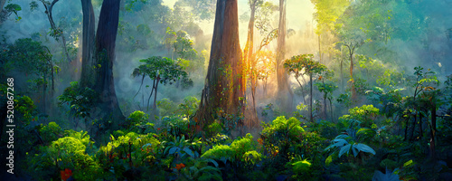 A beautiful forest with big fairytale trees on a summer morning with sunbeams. Digital Painting Background, Illustration.