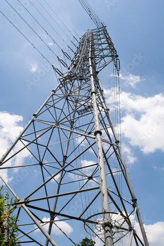 Low angle shot of Electricity tower for tansmission line in Japan.