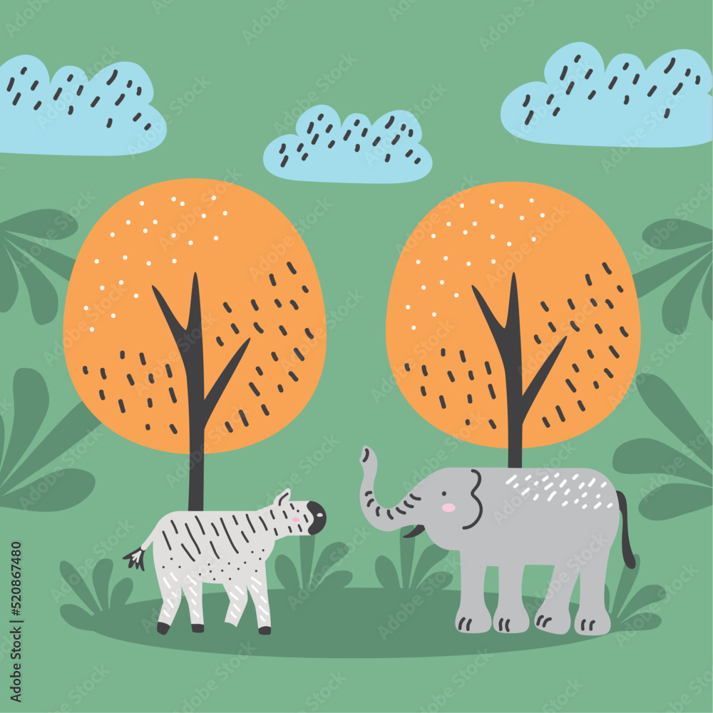 Fototapeta premium elephant and zebra doodle