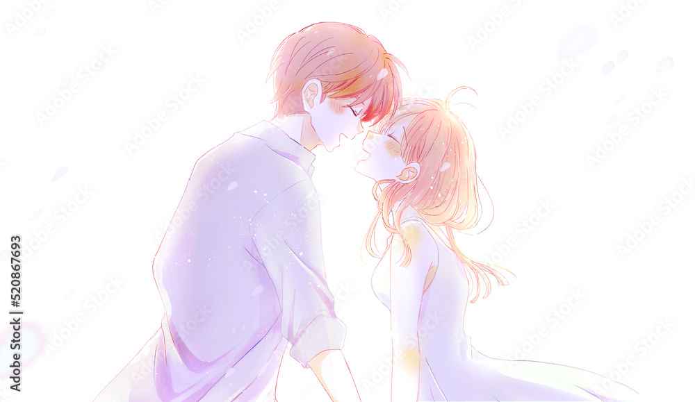 花吹雪の中幸せそうな男女