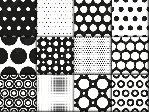 Black and white polkadot seamless patterns set collection