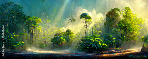 A beautiful fairytale enchanted rainforest with sunbeams. Digital Painting Ba...