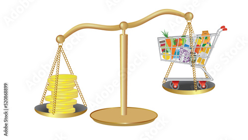 Weight scale with trolley, shopping cart with food on one side, and on the other money. Isolated on white background. Vector illustration.