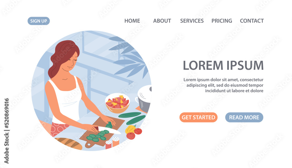 A young woman prepares a homemade dinner in the kitchen. Kitchen table. Cook dinner recipe. Healthy diet food. Home life. Design for banner, website, poster. Vector illustration on white background