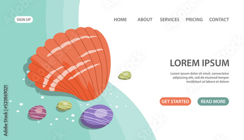 Seashell and pebbles on the seabed. Underwater life and fauna. Beach and summer resort. Design template for banner, website, poster. Cartoon vector illustration isolated on white background