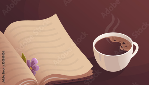 Open book and a cup of hot coffee on the table. Paper page. Love for reading and books. Lifestyle, hobby and recreation. Home rest, coffee time. Vector illustration for background and banner