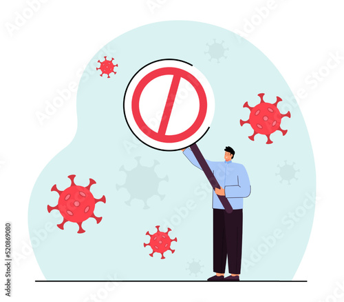 Man surrounded by germs and holding stop sign. Person protecting yourself from virus flat vector illustration. Safety, disease, prevention concept for banner, website design or landing web page