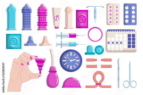 Different contraceptives flat vector illustrations set. Collection of cartoon drawings of condoms, implants, IUD, vaginal rings, injections, calendar. Birth control, pregnancy, protection concept