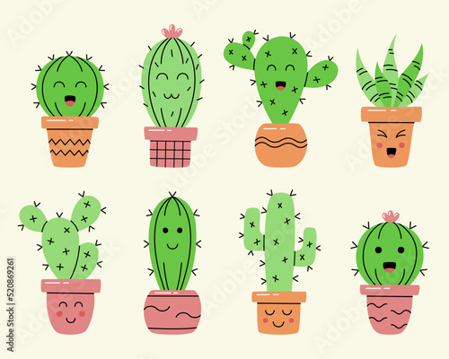 Collection of cute cartoon cactus and succulent. Hand drawn cacti with smile faces. Vector illustration.