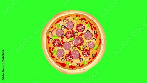 Pizza rotating animation on green screen. Top view graphic animation of pizza rotating on green background. Digital video for chroma key graphic additions