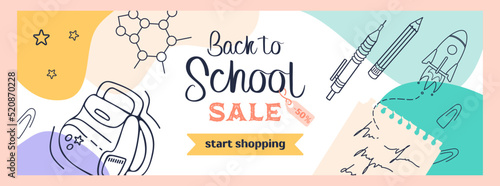 Back to school. Bright horizontal modern banner in sketch style and pastel colors. Learning attributes - molecules, backpack, pens and notebook. For advertising banner, website, advertising flyer.