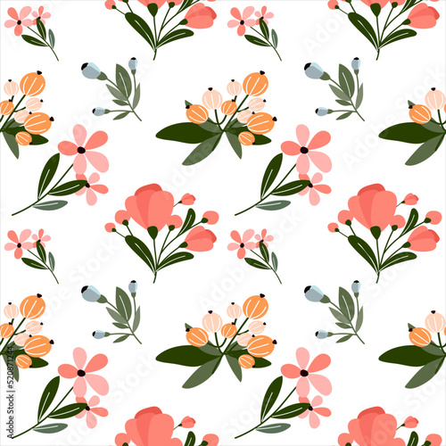 Seamless background spring flowers. Decorated with magnificent multi-colored blooming flowers and a border of leaves. Trendy floral design for fashion, wallpaper, print.