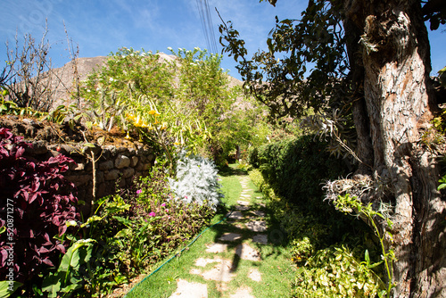 Corridor entrance in a rural house in the Peruvian Andes. Green corridor with stone path.