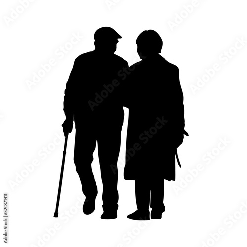 silhouette of old couple holding for hands isolated on white background