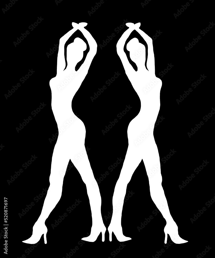 Silhouette of two female modelling poses back facing each other. Black