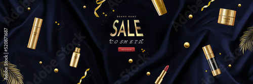 Sale Banner with Beauty Products on Silk Background