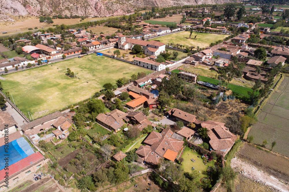 Aerial view of a Yucay village, in the countryside of Cusco Peru. One important town in Sacred Valley.