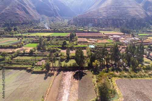 Aerial view of a Yucay village, in the countryside of Cusco Peru. One important town in Sacred Valley.