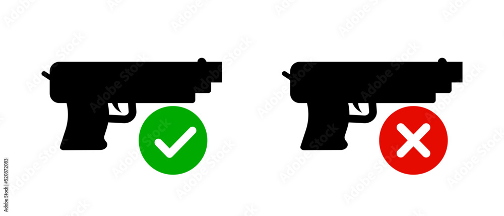 Gun and check mark icon, gun and cross mark icon set. Gun allowed and gun prohibited icon. Vector.