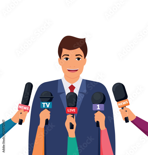 Press conference. Hands holding microphones and digital voice recorders. Rostrum, tribune with microphones. Modern flat design graphic elements. Vector illustration