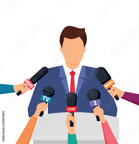 Press conference. Hands holding microphones and digital voice recorders. Rostrum, tribune with microphones. Modern flat design graphic elements. Vector illustration