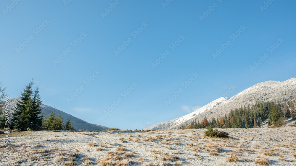 The first snow on the slope of the Carpathian mountains in golden autumn