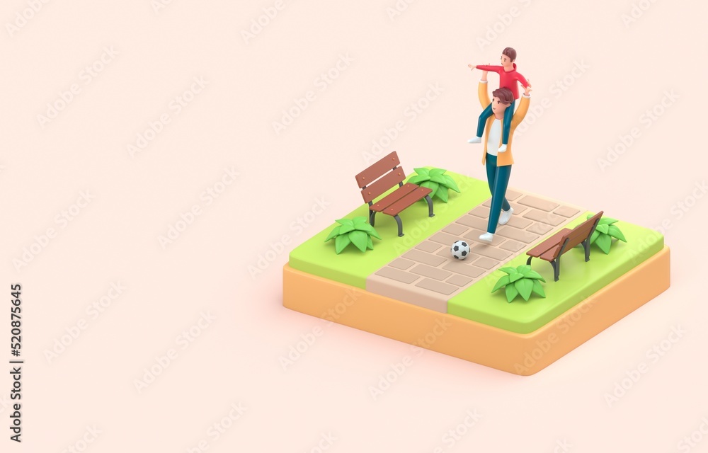 Father Walking with his Son Sitting on Shoulders. 3D Illustration Father Walking with his Son Sitting on Shoulders. 3D Illustration
