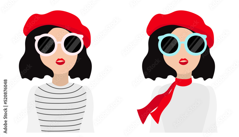 Frenchwoman. Flat illustration of a girl. Illustration of a young French woman wearing a red beret and glasses - obrazy, fototapety, plakaty 