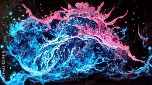 Future Fluid Neon Liquid Abstraction. Futuristic cyberpunk wallpaper. Blue violet flowing shape. Dynamic 3D illustration.