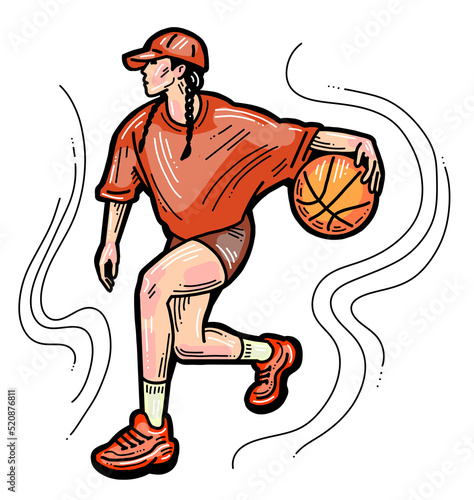 Basketball player playing with ball. Healthy funny sport activity. Trendy jumping fitness exercises for young people. Fashion sportswear. Hand drawn illustration. Cartoon line style character drawing.