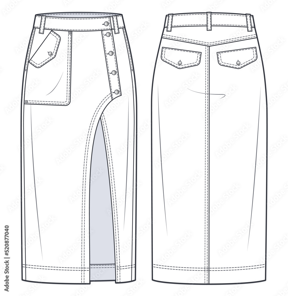Asymmetric Denim Skirt technical fashion illustration. Midi Skirt ...