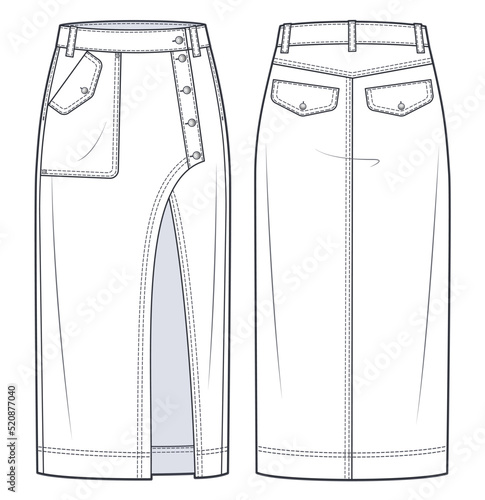 Asymmetric Denim Skirt technical fashion illustration. Midi Skirt fashion flat sketch template, button up, pockets, front slit, front and back view, white, CAD mockup.