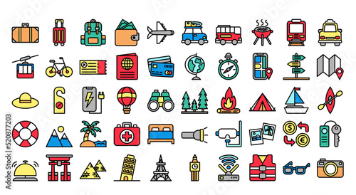 Travel set of 50 Lineal color icons isolated on white background.